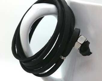 Black genuine latigo leather wrap bracelet essential oil Diffuser