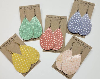 Pastel pokla dot spring leather cork teardrop earrings