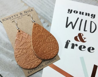 Aztec print hand embossed Genuine leather teardrop earrings