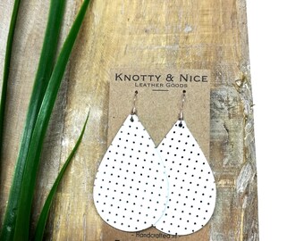 White Perforated Genuine leather teardrop earrings perforated