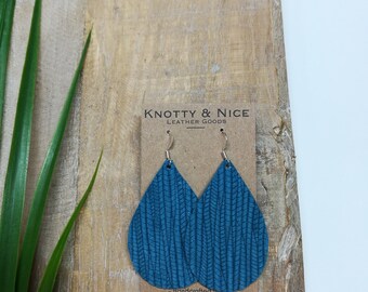 Teal Blue Genuine leather teardrop earrings Palm weave texture