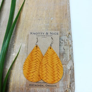 Mustard Genuine leather yellow fishtail braid weave teardrop earrings