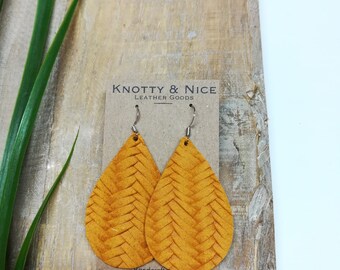 Mustard Genuine leather yellow fishtail braid weave teardrop earrings