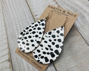 Spotted black & white Cork genuine leather backed teardrop earrings