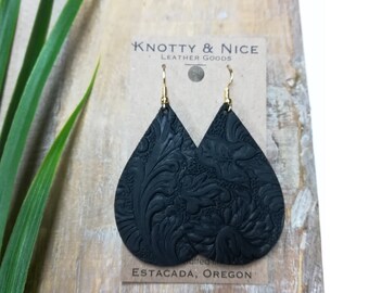 Black Western floral tooled Genuine leather teardrop earrings