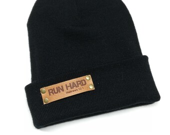 RUN HARD! Bible verse Christian leather patch cuff beanie
