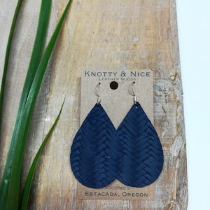 Navy Blue Genuine leather fishtail braid weave teardrop earrings