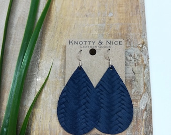 Navy Blue Genuine leather fishtail braid weave teardrop earrings