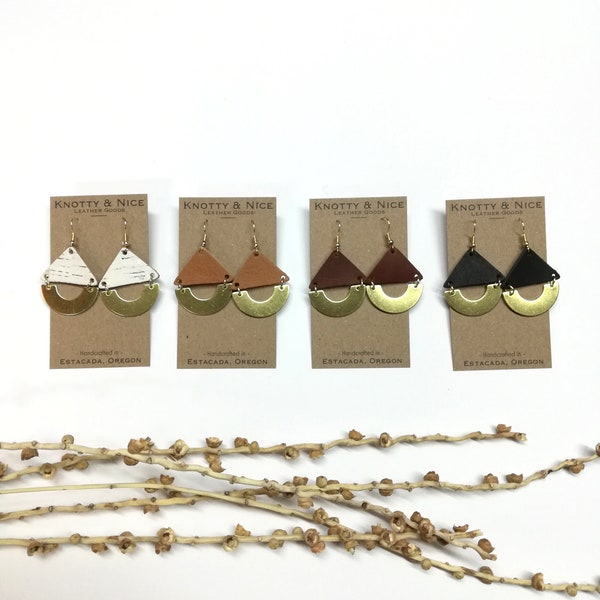 Peak earrings- metal leather triangle geometric dangles