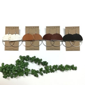 Half Full earrings - New metal/genuine leather round earrings w/hoop