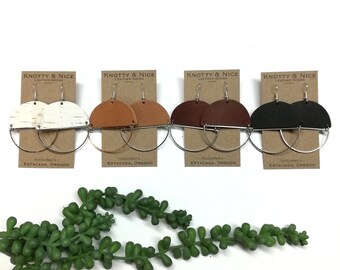 Half Full earrings - New metal/genuine leather round earrings w/hoop