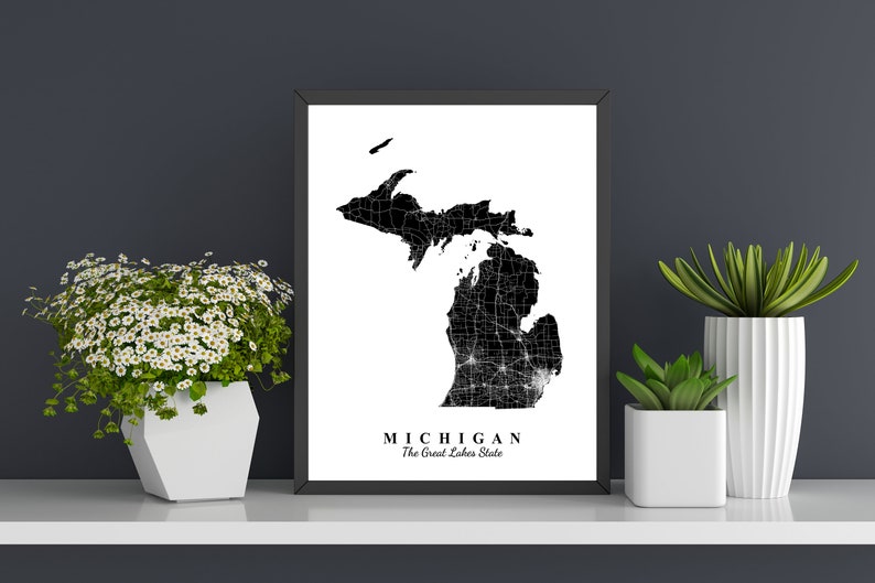 Michigan Map Art Black and White Map Print State Map - Etsy