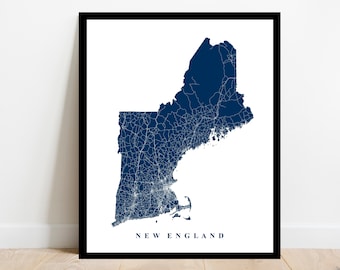 New England Map Art - City Map - Office Decor - Travel Gift - Map Print - Interior Design Custom Map Print Wedding Anniversary Birthday