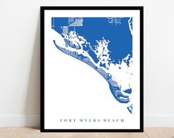Fort Myers Beach Map Art - Florida - Custom City Streets Print - Home Office Decor Travel Gift Dorm Room Beach House Airbnb Thank You Idea