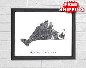 Martha's Vineyard Map Art - Map Print - Massachusetts - Map Print - Home Map - Custom Map - Poster - Housewarming Gift Decor Travel Gift