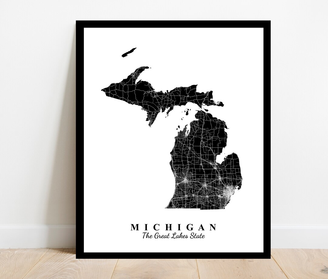 Michigan Map Art Black and White Map Print State Map - Etsy