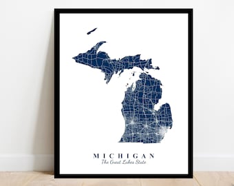 Michigan Map Art - Map Print - State Map - Travel Gift - Map Art - City Map - Modern - Custom Map - Map of Michigan - Wedding - Office Decor