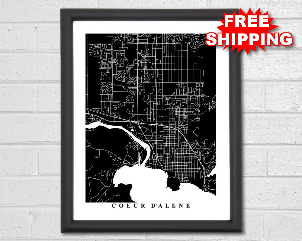 Coeur Dalene Map Art Idaho Black and White Print