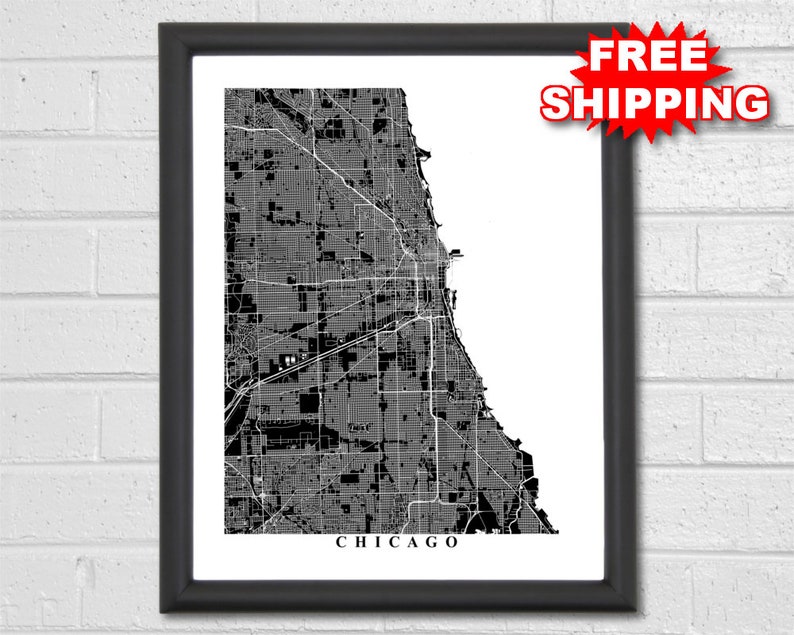 Chicago Map Art Black and White Print Illinois Wall Art | Etsy