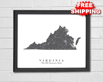 Virginia Map Art - Map Print - State Map - Travel Gift - Map Art - City Map - Modern - Custom Map - Map of Virginia - Richmond Norfolk