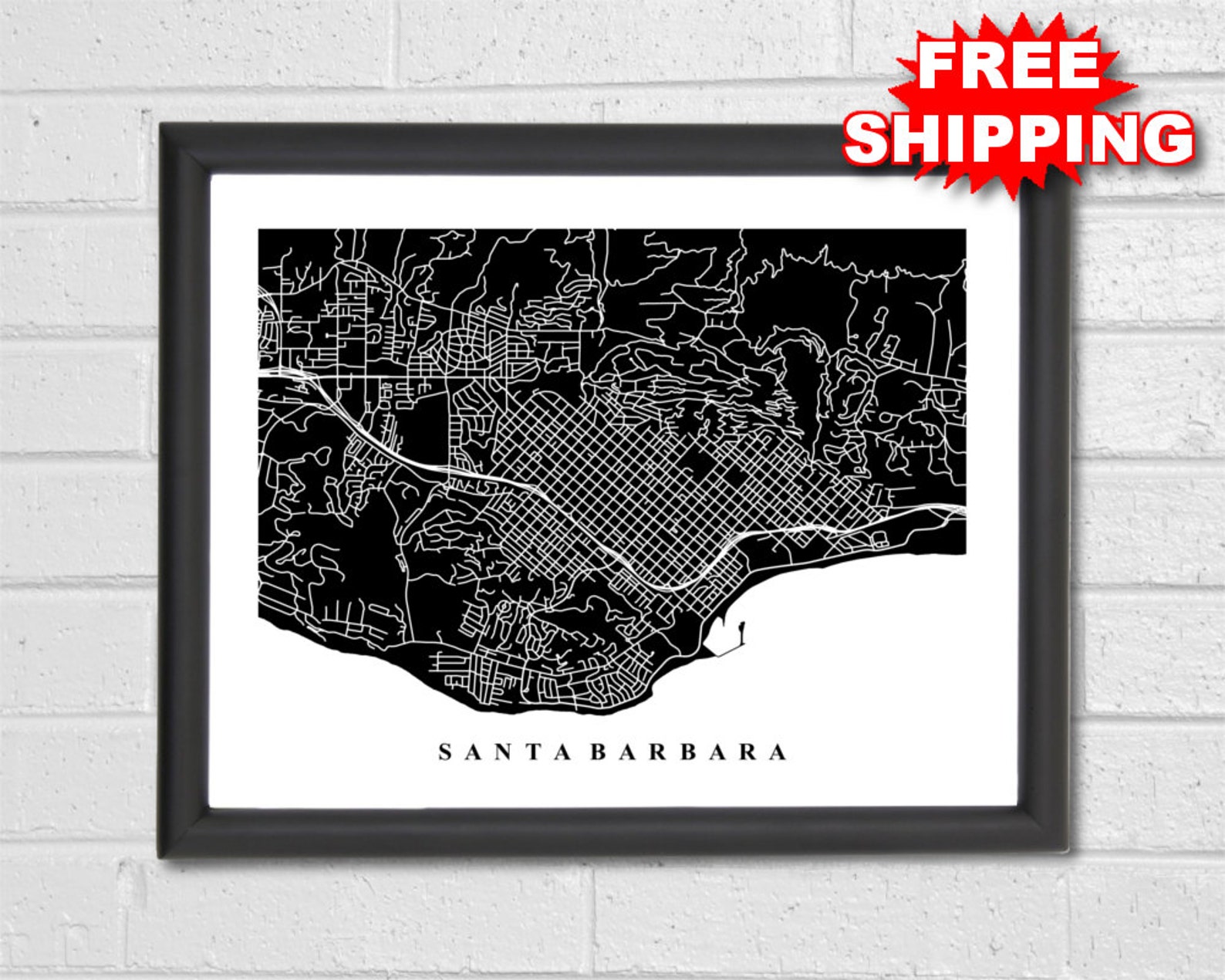 Santa Barbara Map Art Map Print City Map Black and White | Etsy