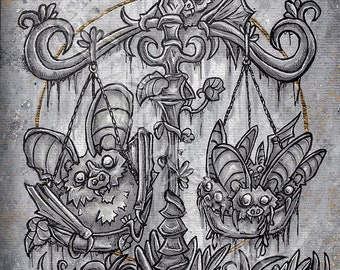 Zodiac libra bats, libra zodiac, gothic art, astrology, zokreis, watercolor print Absurd ART