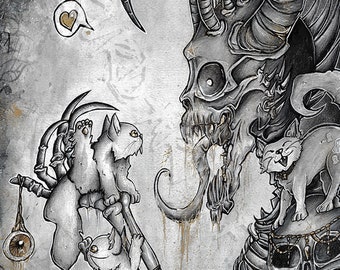 Hey Fluffy Horror Dark Fantasy Demon Cats Art Illustration Art Print Wall Art Witcher Gothic Absurd ART Print