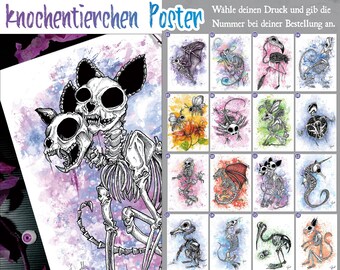 Skeleton animals, choose your art print! Watercolor bone creatures, creepy cute, cats, chameleon, bat, axolotl, bee