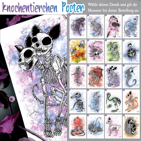 Skelett Tiere, Wähle deinen Kunstdruck aus! Knochentierchen mit Aquarell, creepy cute, Katzen, Chamäleon, Fledermaus, Axolotl, Bienen
