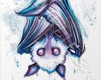 Flatti, Blue Cute Purple Watercolor Colors Bat Gothic Gift Flying Dog Illustration Poster Mural Cute Absurd ART Print