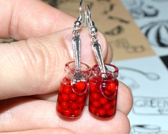 Boucles d'oreilles miniatures de pots de confiture de cerise de nourriture, bijoux minuscules de faux nourriture, argent sterling, clip sur