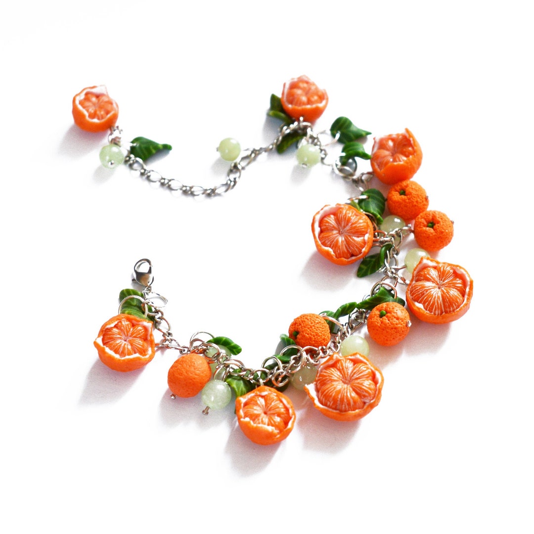 Realistic Clementines Tangerines Bracelet, Mandarin Charms Fruit Jewelry, Miniature Orange Fruit