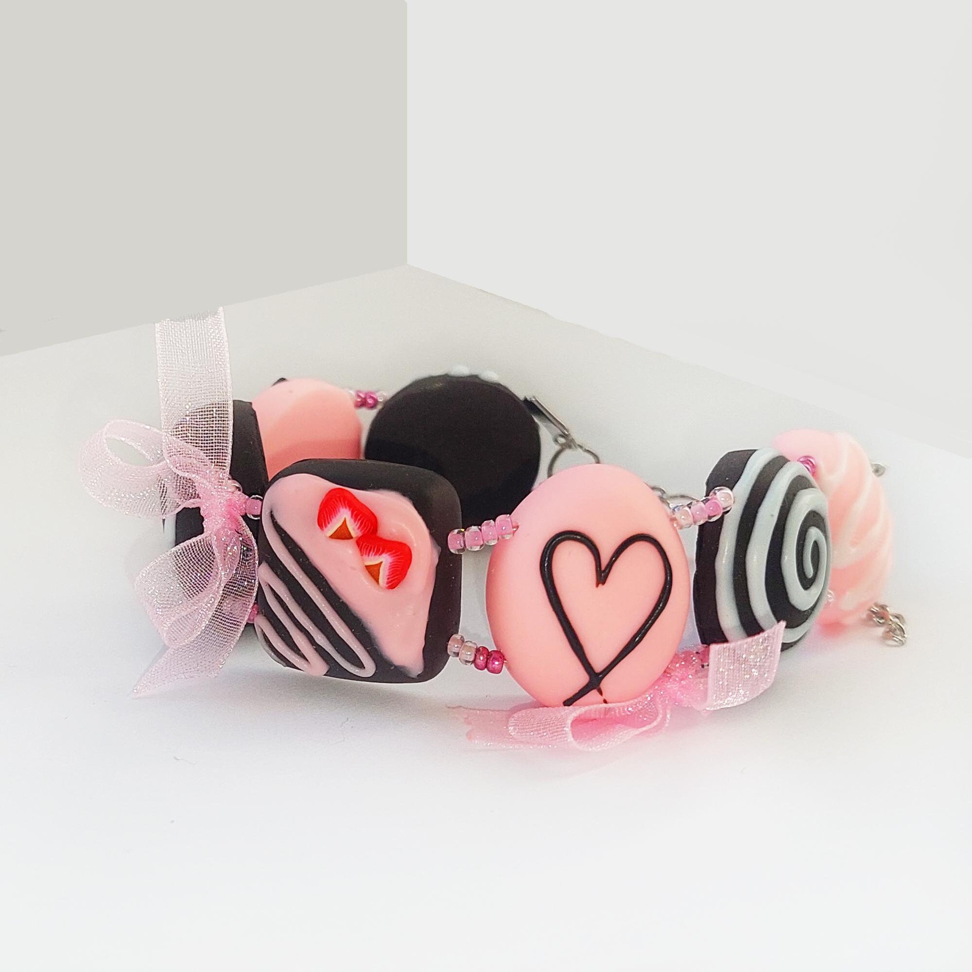 Pink chocolate bracelet, miniature fake food jewelry