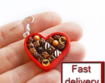 Red box of chocolates Earrings / heart earrings with sterling silver hooks