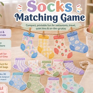 May include: A printable Socks Matching Game featuring 36 pairs of illustrated socks with various patterns like rainbows, strawberries, clouds, and flowers. The set includes a storage bag and text labels detailing features like print and laminate.