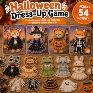 Utskrivbara Halloween-djurdockor, klädspel, kostymer, reseaktivitet för småbarn (nedladdning direkt)