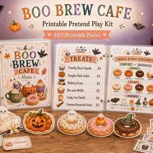 Peut inclure: Un kit de jeu de rôle imprimable Boo Brew Cafe comprenant un classeur de menu avec des friandises et boissons sur le thème d'Halloween, des beignets en papier découpés, une citrouille, un fantôme dans une tasse et de la monnaie factice.