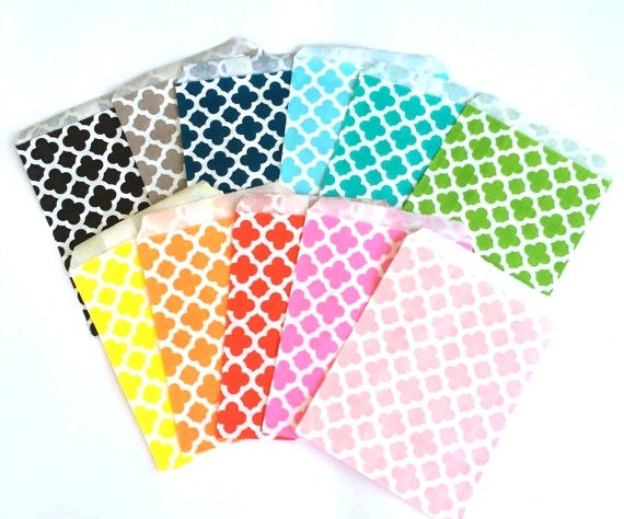 TREAT BAGS- Goodie, Party, Candy, Favor Red, Orange, Black, Gray, Yellow, Pink, Green, Aqua, Navy quadrefoil Bags- (Set of 25) Il_570xn