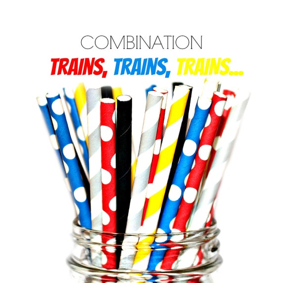 TRAINS, TRAINS, TRAINS- Paper Straws, Multipack, Combination- Blue, Red, Grey, Yellow, Polka Dots, Baby Shower, Birthday Party 24 Il_570xn