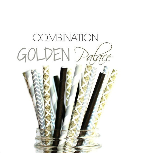 GOLDEN PALACE- Paper Straws, Multipack, Combination, Gold, Black, Gray, Chevron, Damask, Stripes, Shower, Party 24 Straws Il_570xn