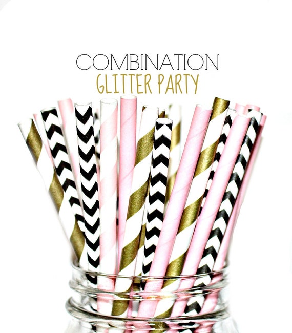 Pink, Gold, Black- Paper Straws, Multipack, Combination, Pink, Gold, White, Damask, Blush, Polka Dots, Baby Shower, Birthday Party 24 Straws Il_570xn