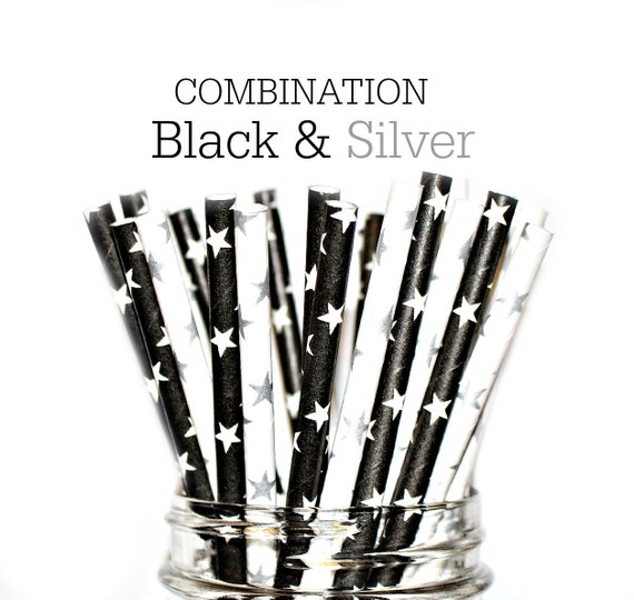 BLACK AND SILVER- Paper Straws, Multipack, Combination, Stars, Shower, Party 24 Straws Il_570xn