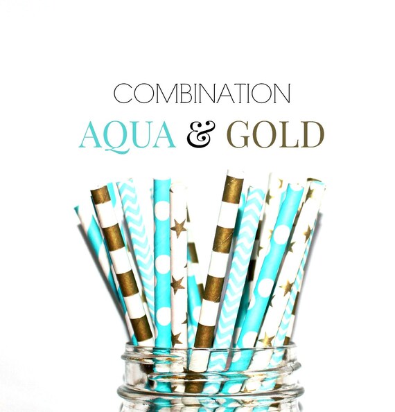 AQUA & GOLD- Paper Straws, Multipack, Combination, Aqua, Gold, Teal Damask, Polka Dots, Shower, Party 24 Straws Il_570xn