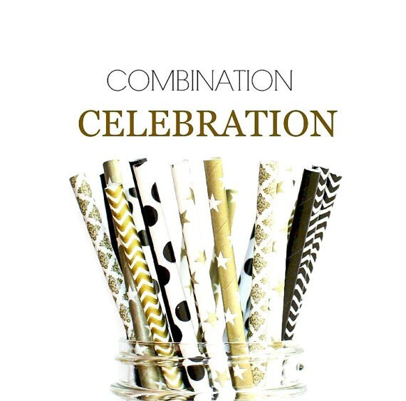CELEBRATION- Paper Straws, Multipack, Combination, Gold, Black, Polka Dots, Chevron, Damask, Stripes, Shower, Party 24 Straws Il_570xn