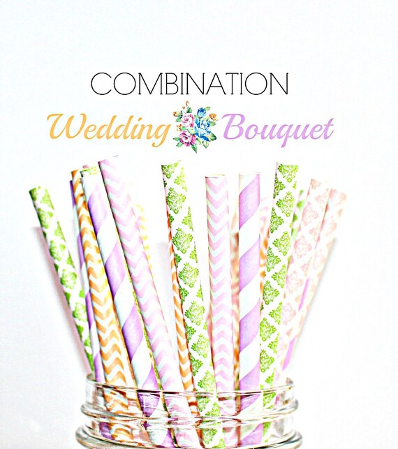 VINTAGE WEDDING BOUQUET - Paper Straws, Multipack, Combination, Purple, Lime, Green, Damask, Polka Dots, Hearts, Shower, Party 24 Straws Il_570xn