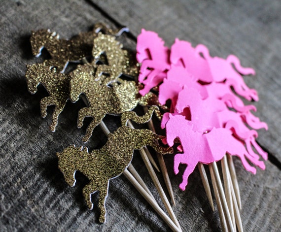 12 or 24 Pink and Gold Glitter Horses Cupcake Toppers- Girls Birthday Party Decoration Il_570xn