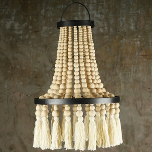 The Tassels and Wood beaded Lampshade - Beaded Chandelier - Bohemian Chandelier - Natural Lampshade - Wooden Chandelier - Boho Lampshade