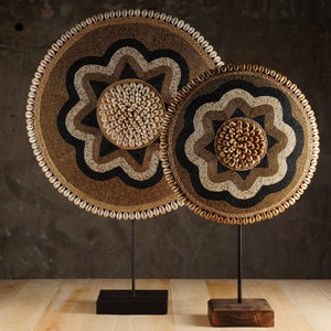 The Beaded Shield  - Tikar Inspired Beaded Shield - Wooden Decorative Shield on stand