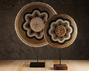 Tikar Inspired Beaded Shield: Handmade Wooden Decorative Shield on Stand