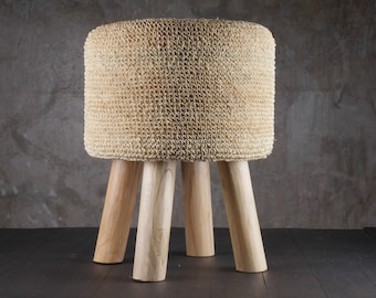 The Natural Raffia Stool on Teak Wood Stand